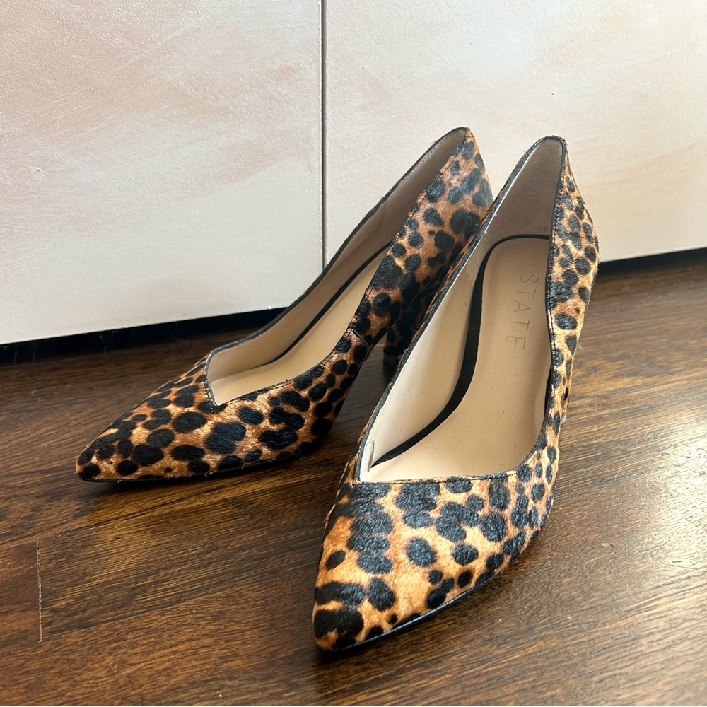 Brand new! Size 7.5 leopard hair 3” block heel, asymmetrical toe vamp